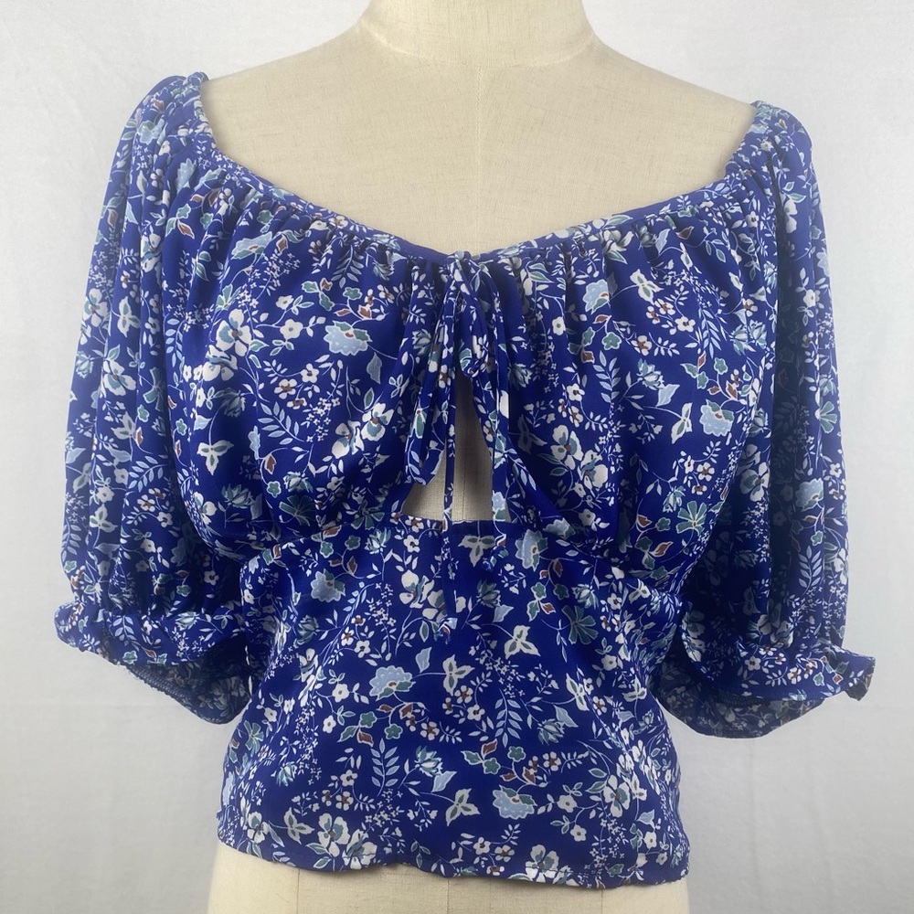 Sienna Sky | Women’s XL | Royal Blue Floral Statement Sleeve Cropped Blouse |
